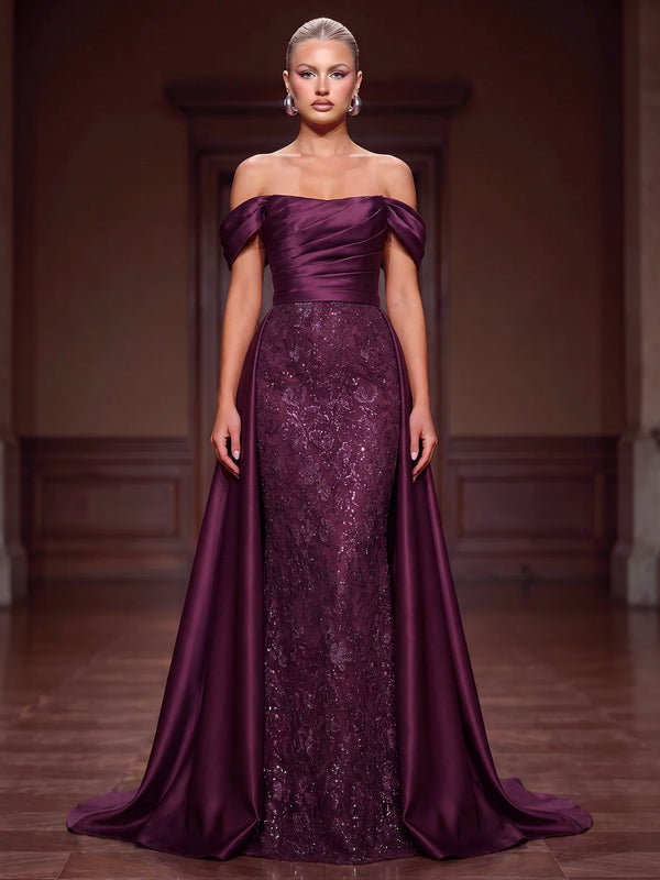 Mermaid Evening Dresses Elegant Sequins Runched Deep Purple Floor-Length Sleeveless Off The Shoulder With Detachable Satin Overskirt
