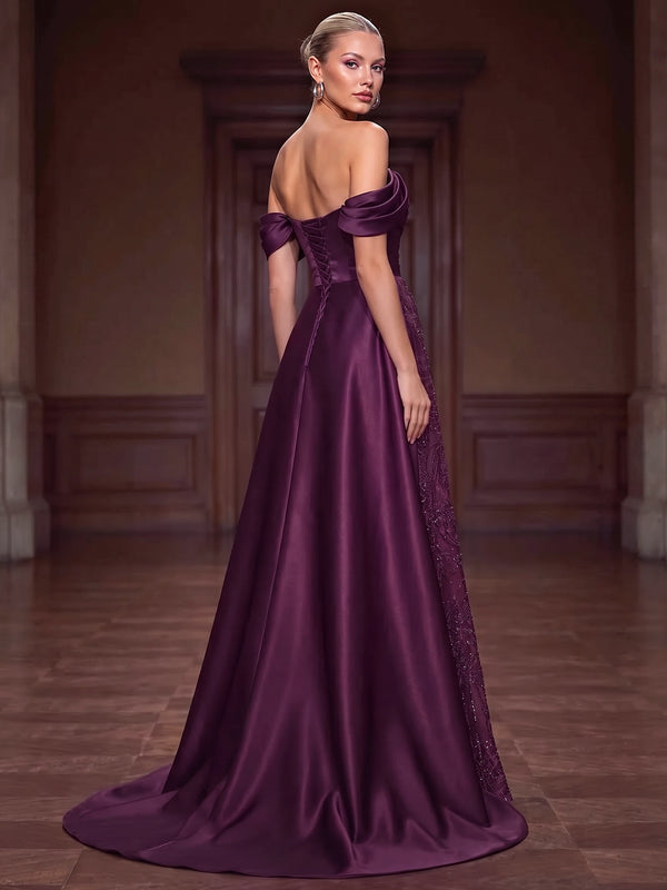 Mermaid Evening Dresses Elegant Sequins Runched Deep Purple Floor-Length Sleeveless Off The Shoulder With Detachable Satin Overskirt