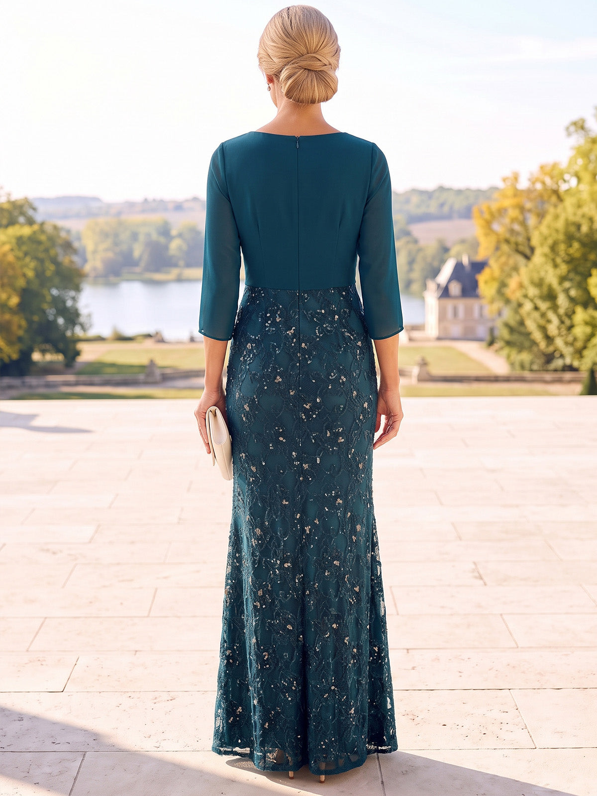 Sheath Mother Of The Bride Dresses Elegant Formal Chiffon Sequin Lace Floor-Length 3/4 Sleeves V Neck Ruched Zipper Wedding Guest