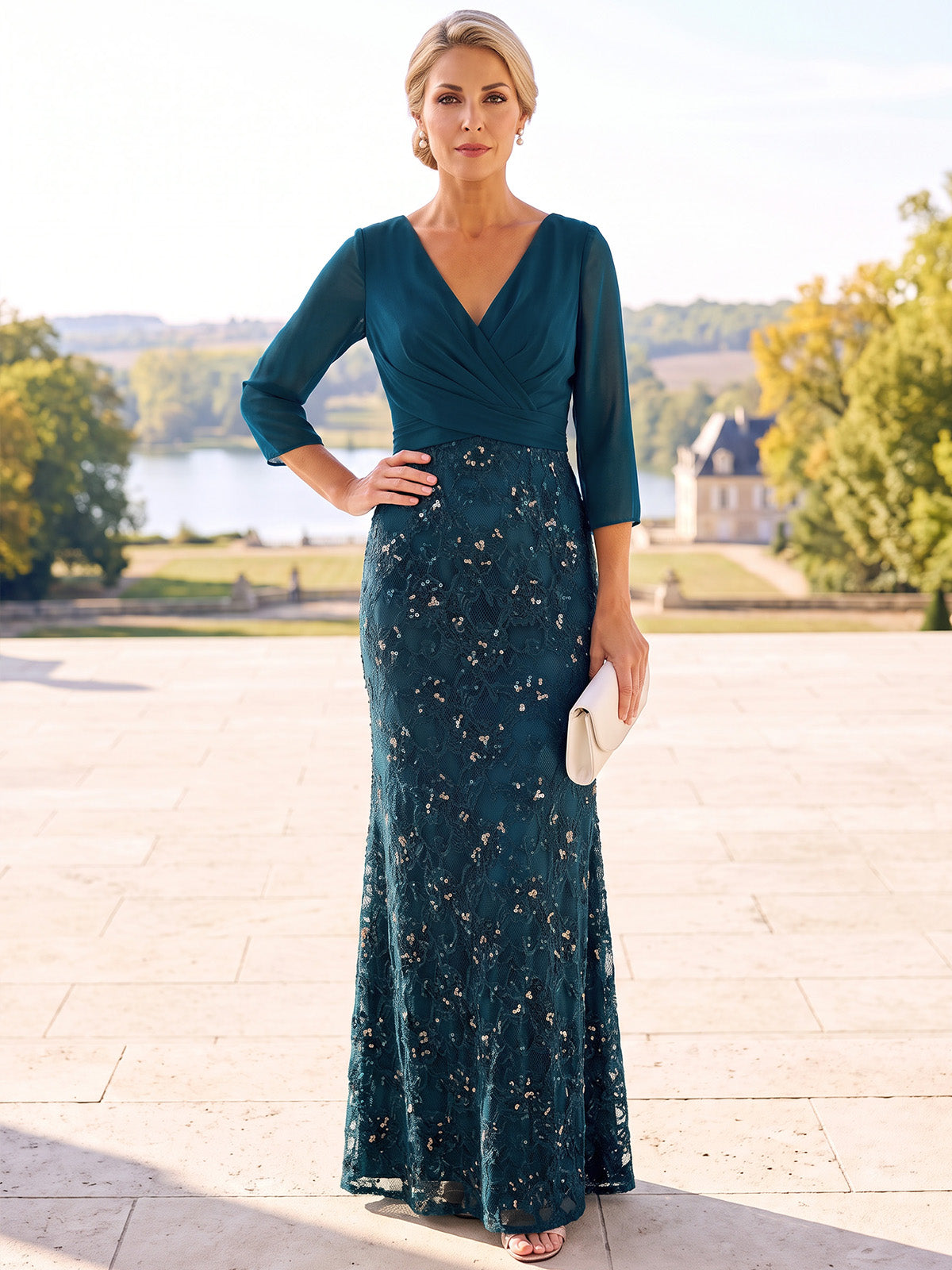 Sheath Mother Of The Bride Dresses Elegant Formal Chiffon Sequin Lace Floor-Length 3/4 Sleeves V Neck Ruched Zipper Wedding Guest
