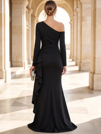 A-Line Evening Dresses One Shoulder Long Sleeves Black Runched Floor Length Formal Wedding Guest Dress With High Slit Ruffles