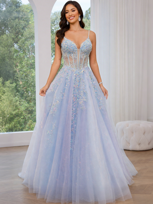 A-Line/Princess Prom Dresses Basque Waist Tulle Spaghetti Straps Long Formal Corset Prom Dresses with Applique&Beads&Sequins