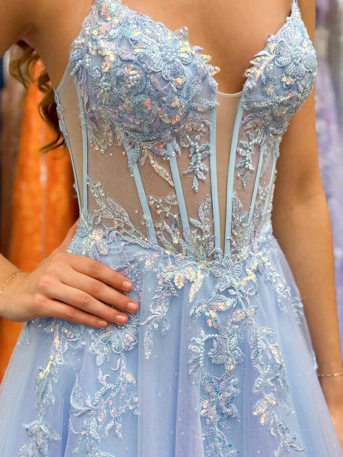 A-Line/Princess Prom Dresses Basque Waist Tulle Spaghetti Straps Long Formal Corset Prom Dresses with Applique&Beads&Sequins