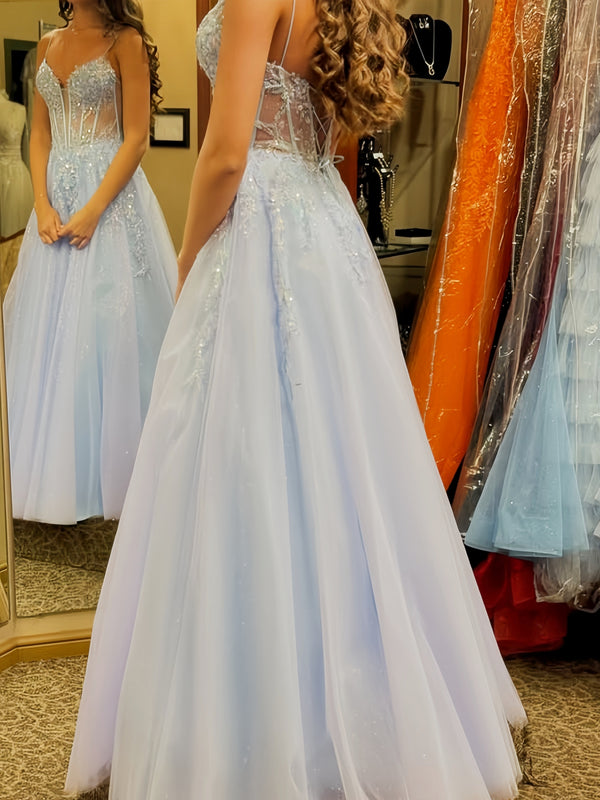 A-Line/Princess Prom Dresses Basque Waist Tulle Spaghetti Straps Long Formal Corset Prom Dresses with Applique&Beads&Sequins