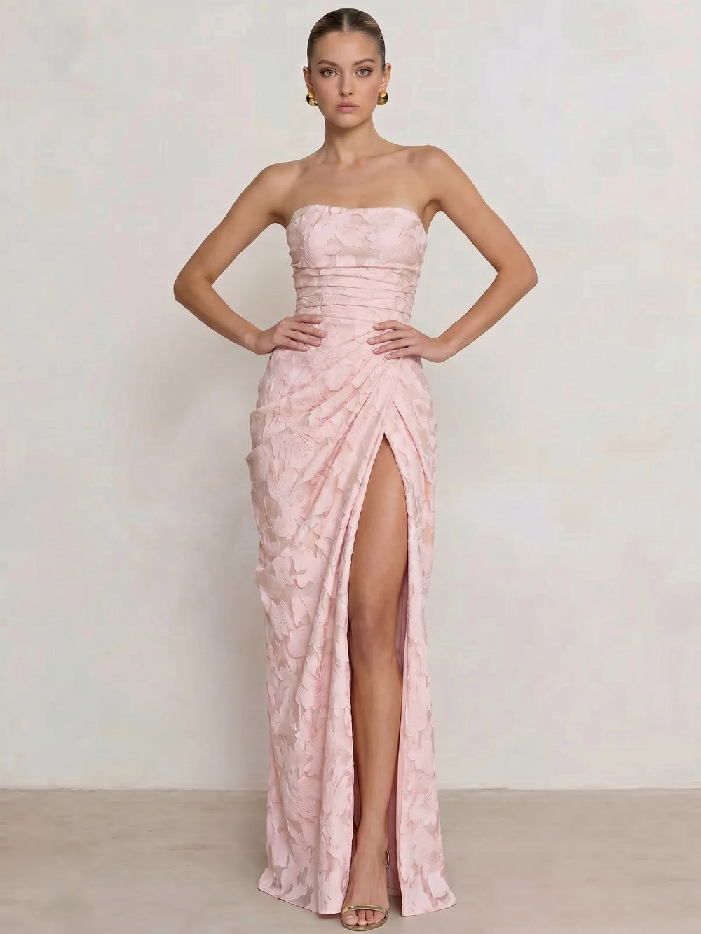 Mearmaid Prom Dresses Strapless Floor-Length Side Split With Pleats&Back Lace-Up Long Floral Dresses