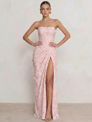 Mearmaid Prom Dresses Strapless Floor-Length Side Split With Pleats&Back Lace-Up Long Floral Dresses