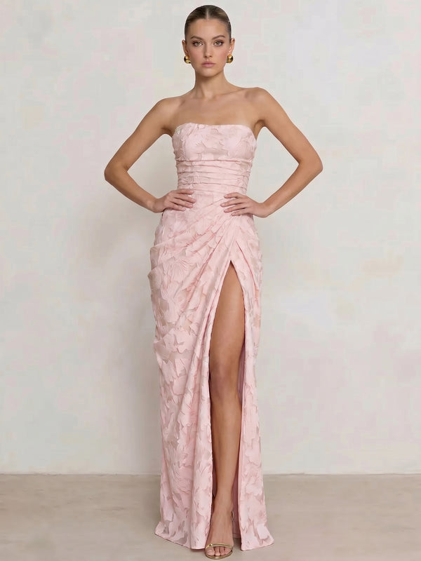 Mearmaid Prom Dresses Strapless Floor-Length Side Split With Pleats&Back Lace-Up Long Floral Dresses