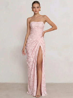 Mearmaid Prom Dresses Strapless Floor-Length Side Split With Pleats&Back Lace-Up Long Floral Dresses