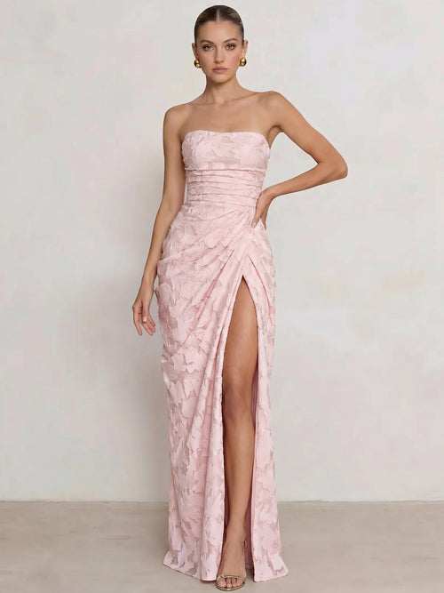 Mearmaid Prom Dresses Strapless Floor-Length Side Split With Pleats&Back Lace-Up Long Floral Dresses