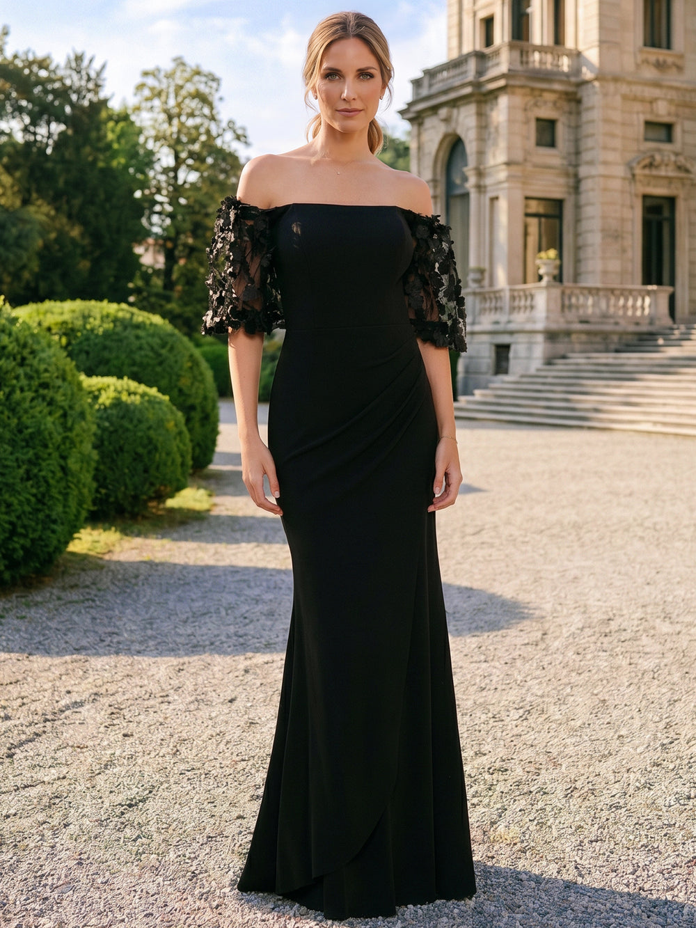 Mermaid / Trumpet Mother Of The Groom Elegant Dress Floor Length Sleeveless Off-the-Shoulder With Lace Applique