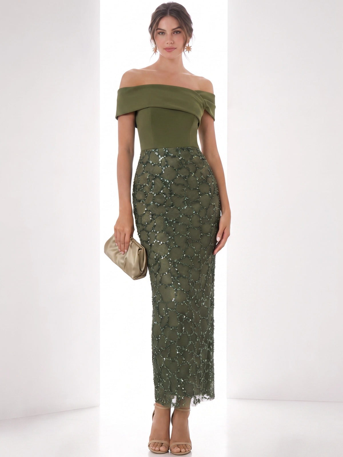 Sheath/Column Cocktail Dresses Sequins Satin Off-The-Shoulder Short Sleeves Ankle-Length Boning Zipper Elegant Formal Dress