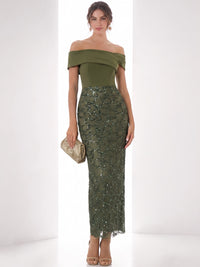 Sheath/Column Cocktail Dresses Sequins Satin Off-The-Shoulder Short Sleeves Ankle-Length Boning Zipper Elegant Formal Dress