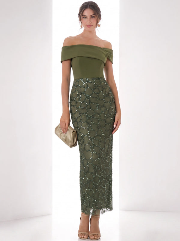 Sheath/Column Cocktail Dresses Sequins Satin Off-The-Shoulder Short Sleeves Ankle-Length Boning Zipper Elegant Formal Dress