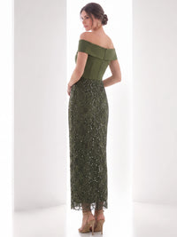 Sheath/Column Cocktail Dresses Sequins Satin Off-The-Shoulder Short Sleeves Ankle-Length Boning Zipper Elegant Formal Dress
