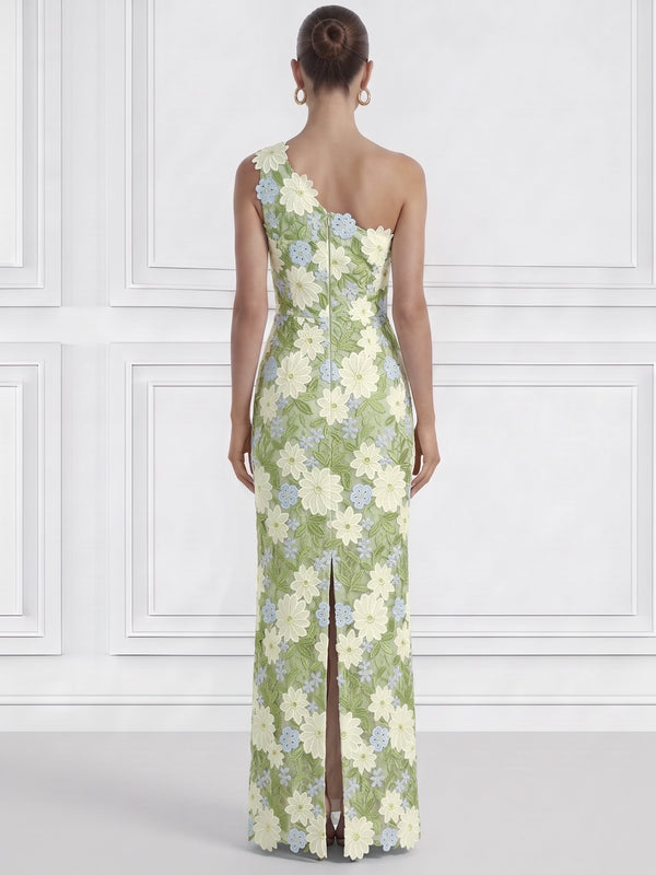 Sheath/Column Formal Dresses Elegant Floral Embroidery Floor-Length Sleeveless One Shouler Zipper Back Slit Wedding Guest Dresses