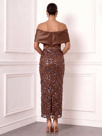 Sheath Cocktail Dresses Elegant Satin Sequins Ankle-Length Off-The-Shoulder Bow Short Sleeves Back Slit Zipper Formal Dresses Wedding Guest