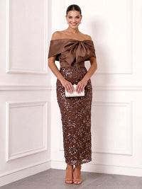 Sheath Cocktail Dresses Elegant Satin Sequins Ankle-Length Off-The-Shoulder Bow Short Sleeves Back Slit Zipper Formal Dresses Wedding Guest