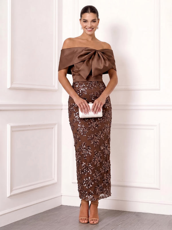 Sheath Cocktail Dresses Elegant Satin Sequins Ankle-Length Off-The-Shoulder Bow Short Sleeves Back Slit Zipper Formal Dresses Wedding Guest