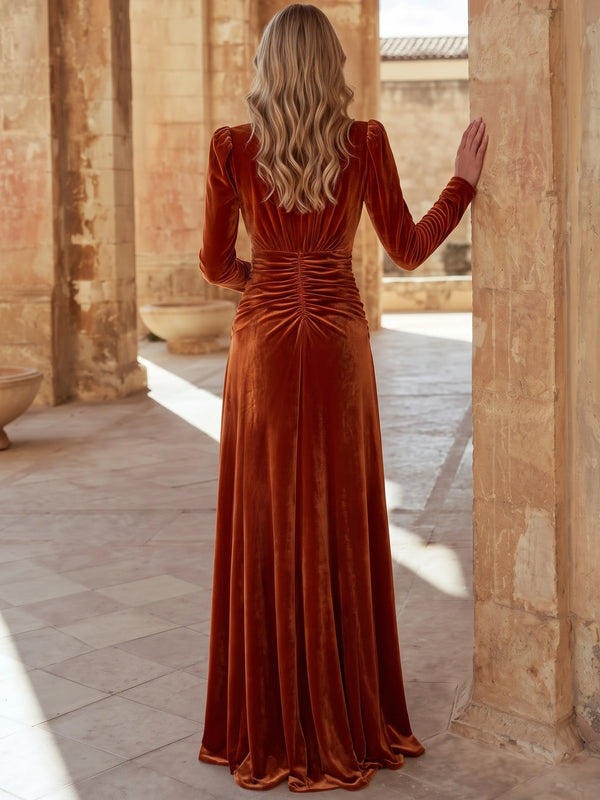 A-Line Evening Dress Velvet Formal Dress V Neck Runched Long Sleeves Floor-length Wedding Guest Dresses Christmas With High Slit