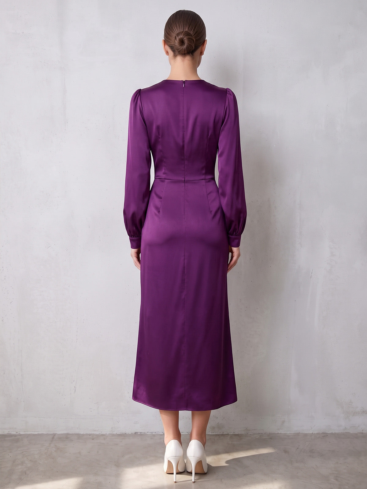 Sheath Cocktail Dresses Elegant Formal Dress Satin V Neck Long Sleeves Tea Length Ruched Zipper Evening Dress Wedding Guest