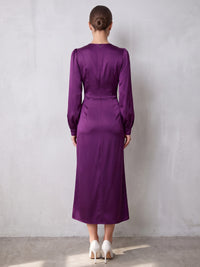 Sheath Cocktail Dresses Elegant Formal Dress Satin V Neck Long Sleeves Tea Length Ruched Zipper Evening Dress Wedding Guest