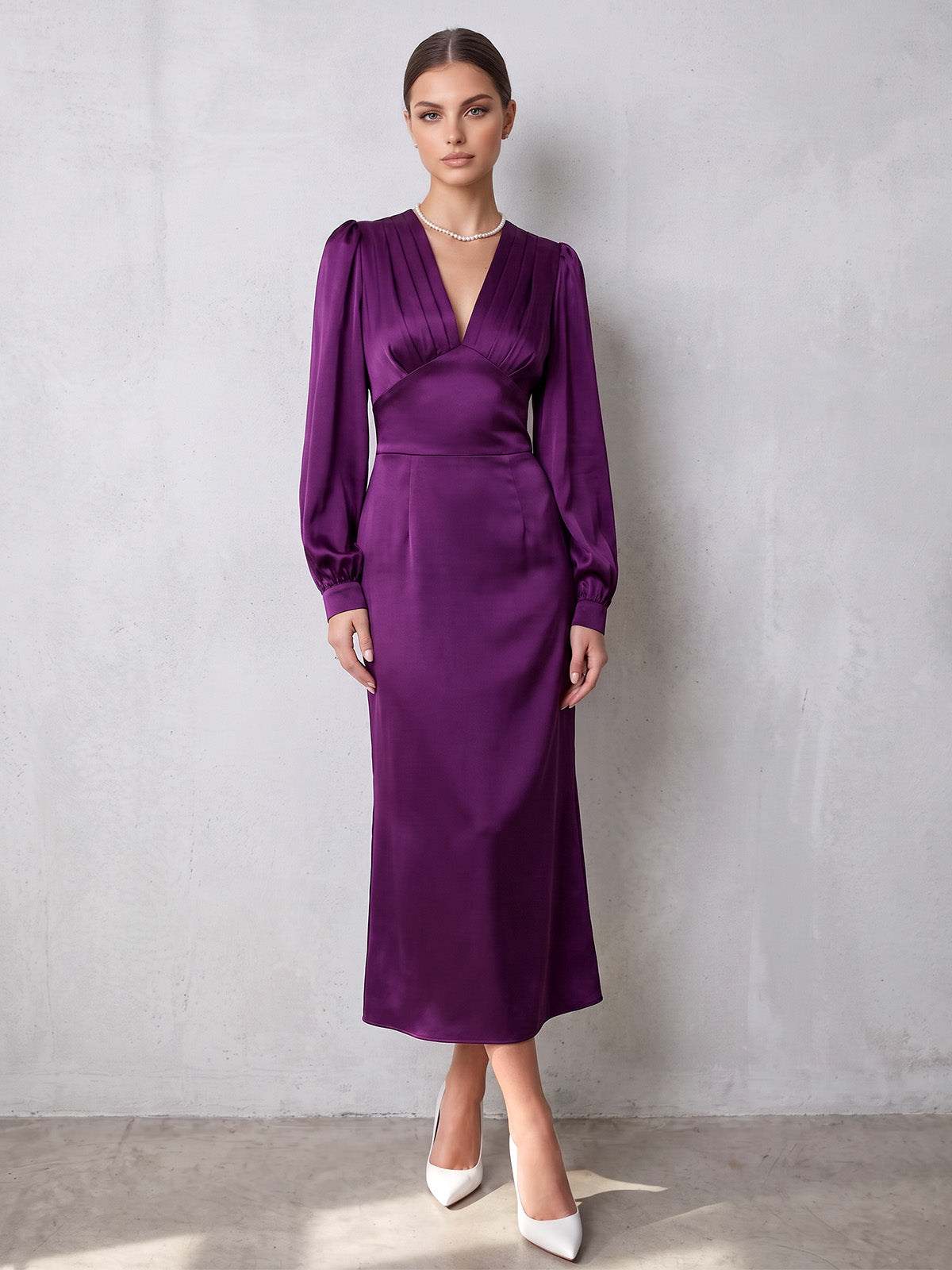 Sheath Cocktail Dresses Elegant Formal Dress Satin V Neck Long Sleeves Tea Length Ruched Zipper Evening Dress Wedding Guest