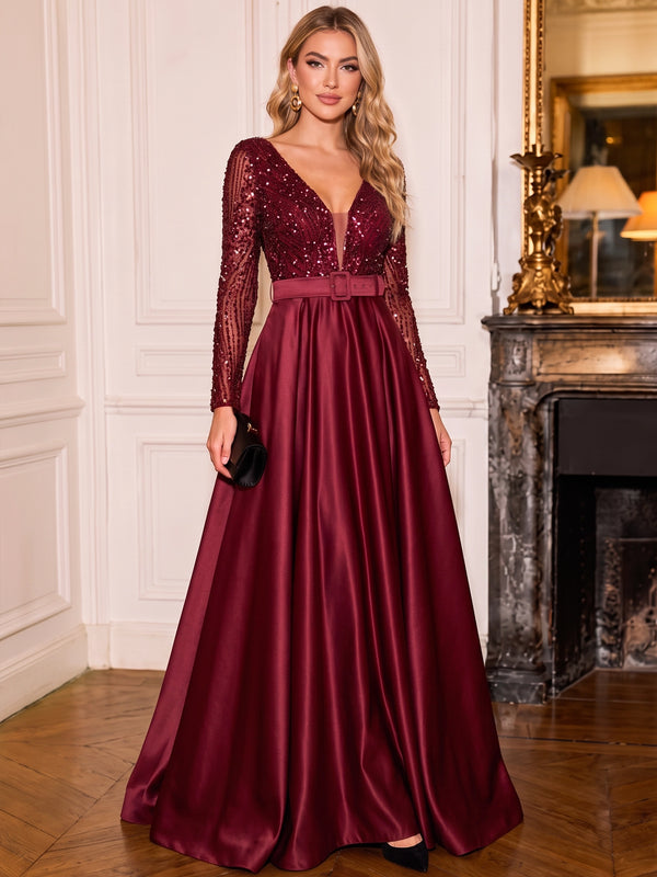 A-Line Evening Dresses Floor Length Christmas Burgundy Formal Gown with Belt Sleeveless V Neck Pocket Satin With Sequins