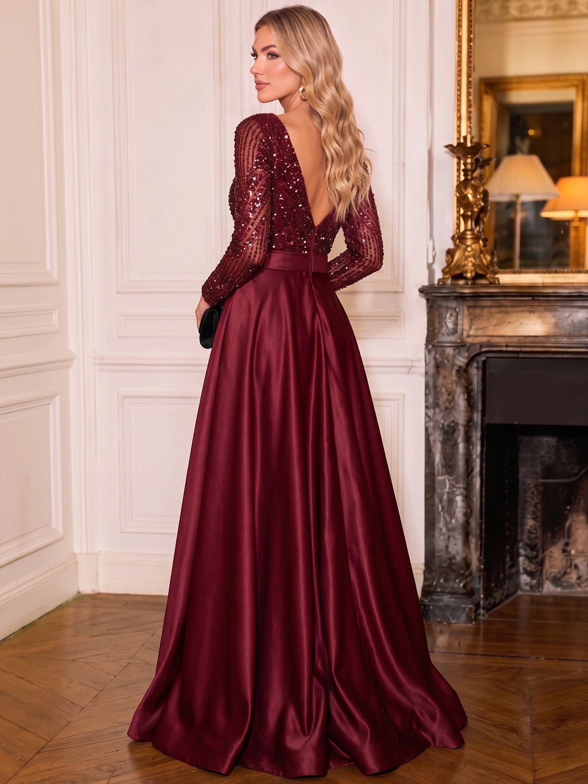 A-Line Evening Dresses Floor Length Christmas Burgundy Formal Gown with Belt Sleeveless V Neck Pocket Satin With Sequins
