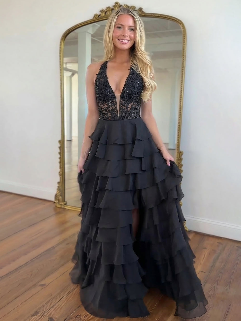 A-Line/Princess Prom Dress Corset Sleeveless V Neck Layered Formal Gowns Long Dresses With Split Side