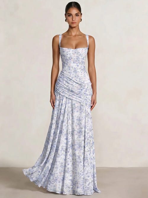 A Line/Princesses Prom Dresses Ruched Chiffon Spaghetti Straps Floor-Length Floral Dress Wedding Guest Bridesmaid Dresses