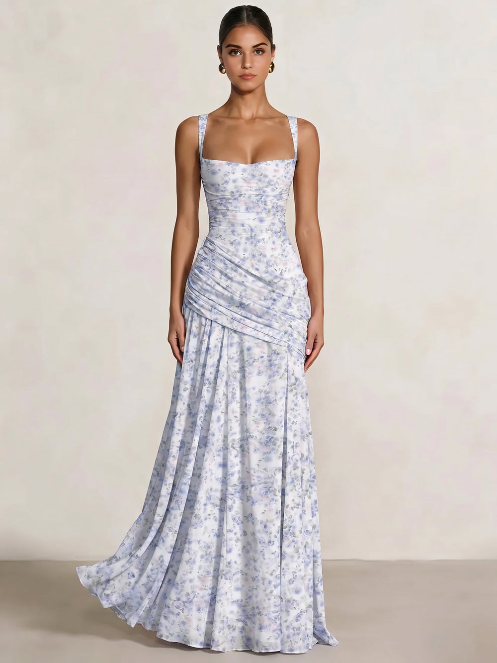 A Line/Princesses Prom Dresses Ruched Chiffon Spaghetti Straps Floor-Length Floral Dress Wedding Guest Bridesmaid Dresses