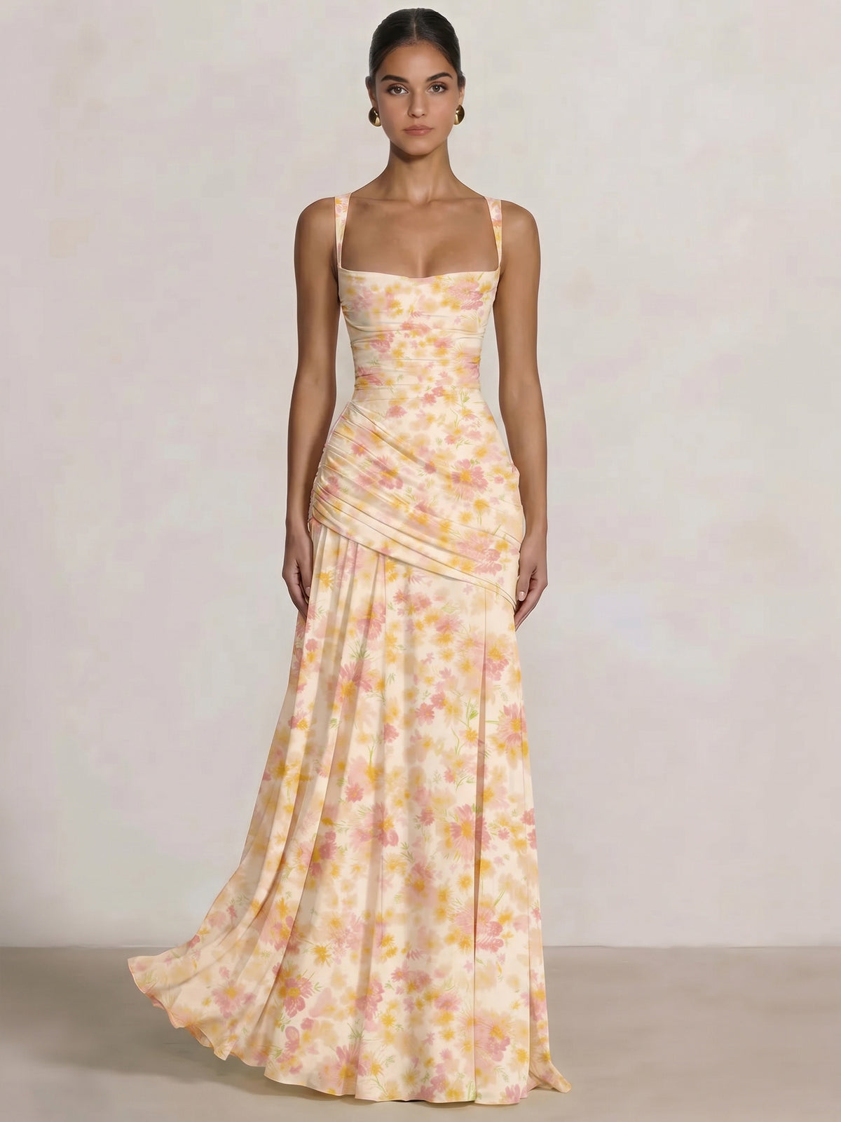 A Line/Princesses Prom Dresses Ruched Chiffon Spaghetti Straps Floor-Length Floral Dress Wedding Guest Bridesmaid Dresses