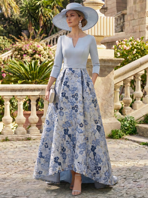 A-Line/Princess Mother Of The Bride Dresses Half Sleeves V Neck Asymmetrical With Pockets Jacquard