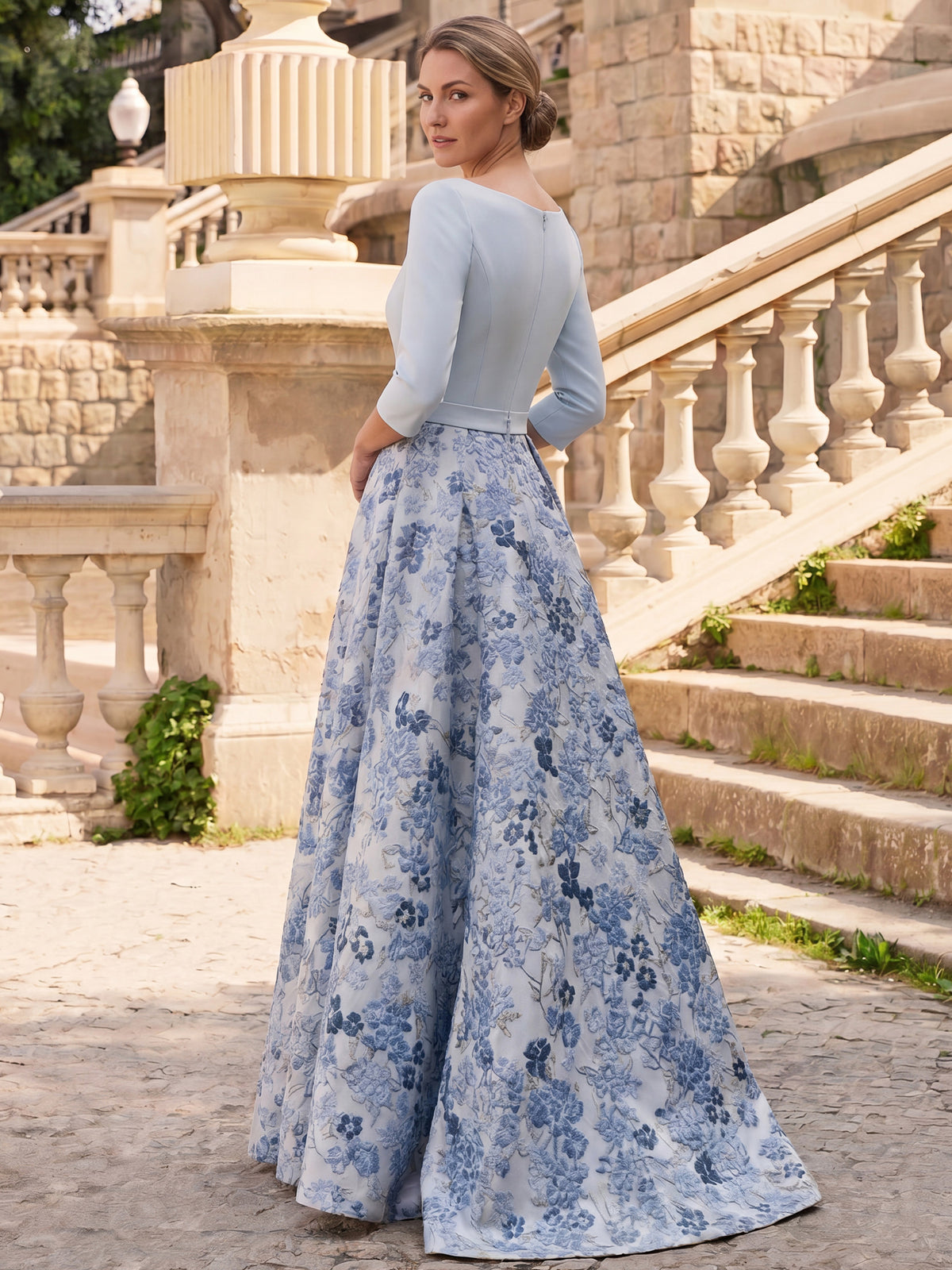 Nafori Sky Blue A-Line/Princess Mother Of The Bride Dresses Half Sleeves V Neck Asymmetrical With Pockets Jacquard 2026