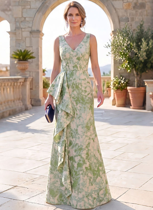 A-Line Mother Of The Bride Dress Elegant Wedding Guest Floor Length Sleeveless V-Neck Jacquard Dresses With Ruffles Slit