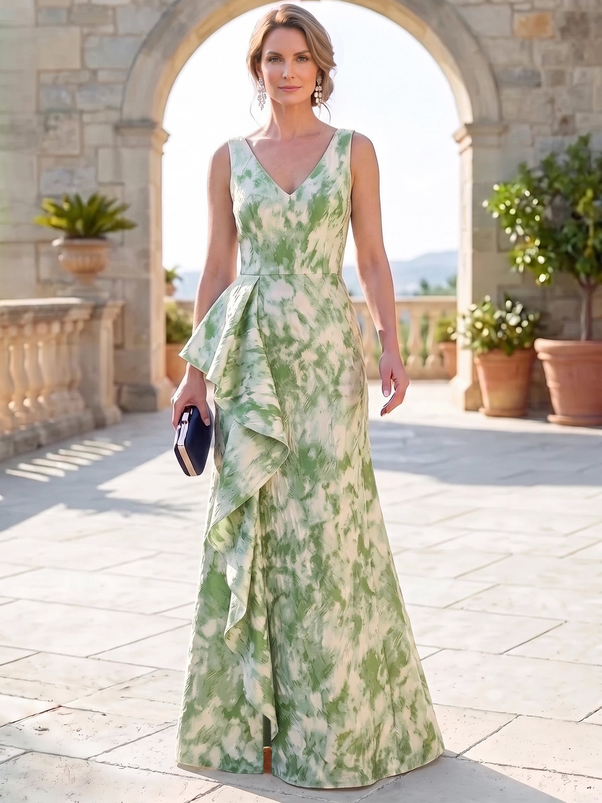 A-Line Mother Of The Bride Dress Elegant Wedding Guest Floor Length Sleeveless V-Neck Jacquard Dresses With Ruffles Slit