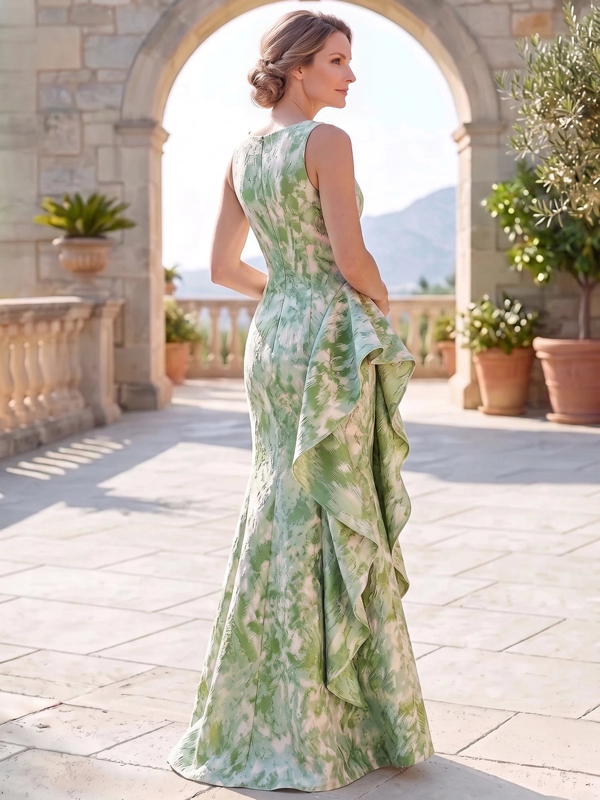 A-Line Mother Of The Bride Dress Elegant Wedding Guest Floor Length Sleeveless V-Neck Jacquard Dresses With Ruffles Slit
