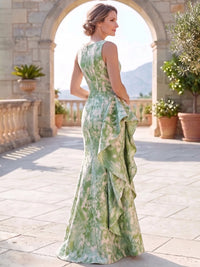 A-Line Mother Of The Bride Dress Elegant Wedding Guest Floor Length Sleeveless V-Neck Jacquard Dresses With Ruffles Slit