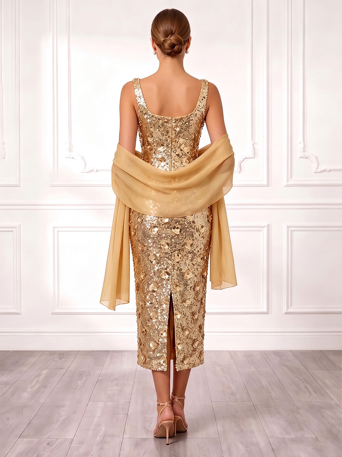 Sheath Cocktail Dresses Elegant Sequins 3D Flowers Tea-Length Scoop Neck Sleeveless Back Slit With Cape Formal Wedding Guest