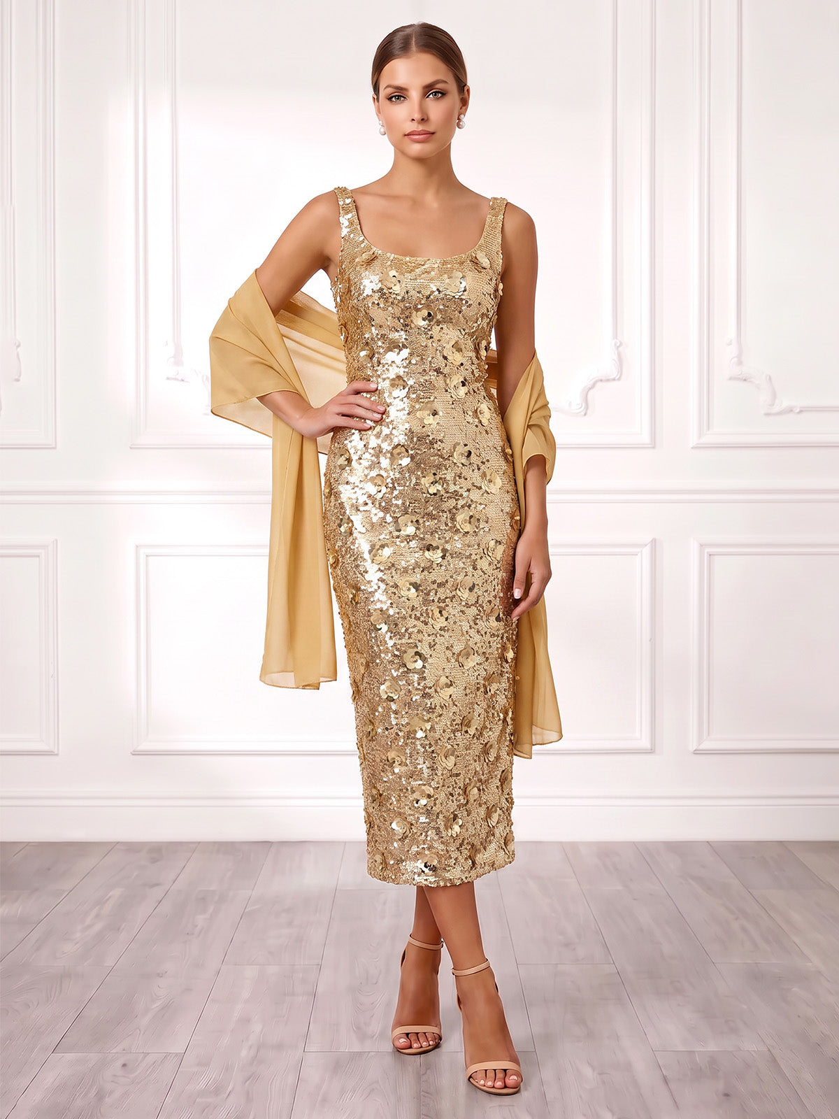 Sheath Cocktail Dresses Elegant Sequins 3D Flowers Tea-Length Scoop Neck Sleeveless Back Slit With Cape Formal Wedding Guest