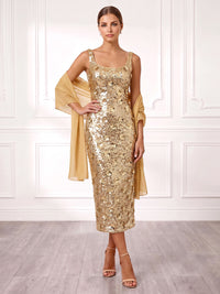 Sheath Cocktail Dresses Elegant Sequins 3D Flowers Tea-Length Scoop Neck Sleeveless Back Slit With Cape Formal Wedding Guest