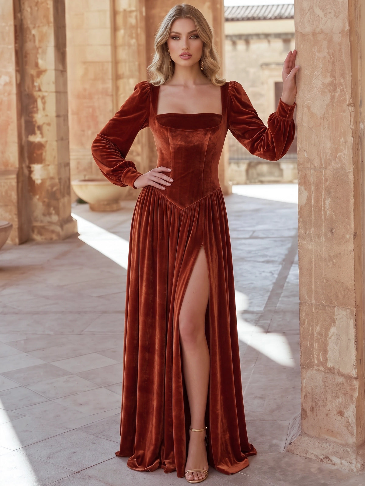 A-Line Evening Dress Velvet Formal Dress Square Neck Runched Long Sleeves Floor-length Wedding Guest Dresses Christmas With High Slit