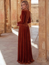 A-Line Evening Dress Velvet Formal Dress Square Neck Runched Long Sleeves Floor-length Wedding Guest Dresses Christmas With High Slit