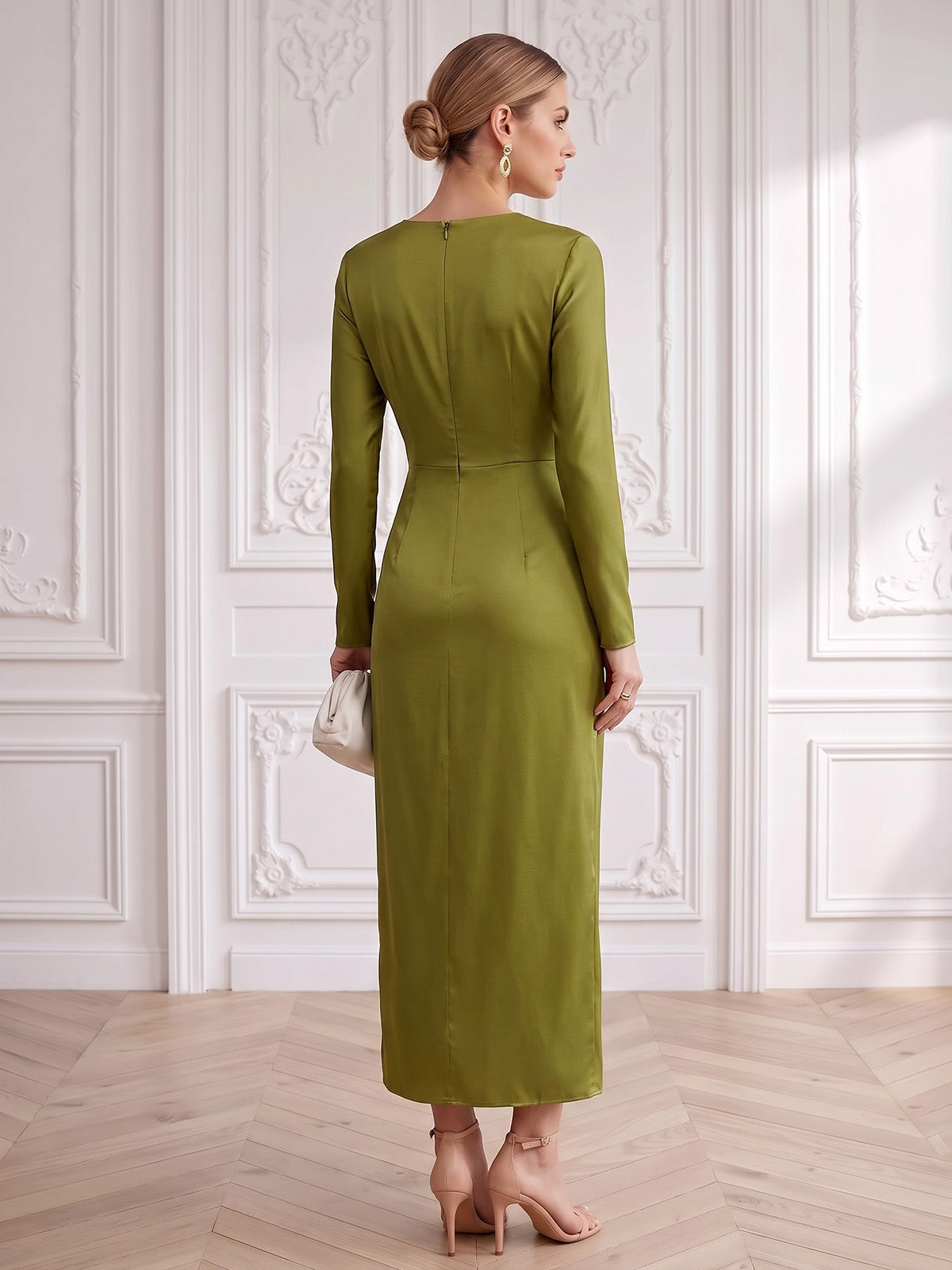 Sheath Cocktail Dresses Elegant Formal Dress Satin V Neck Long Sleeves Tea Length Ruched Side Slit Zipper Evening Dress Wedding Guest