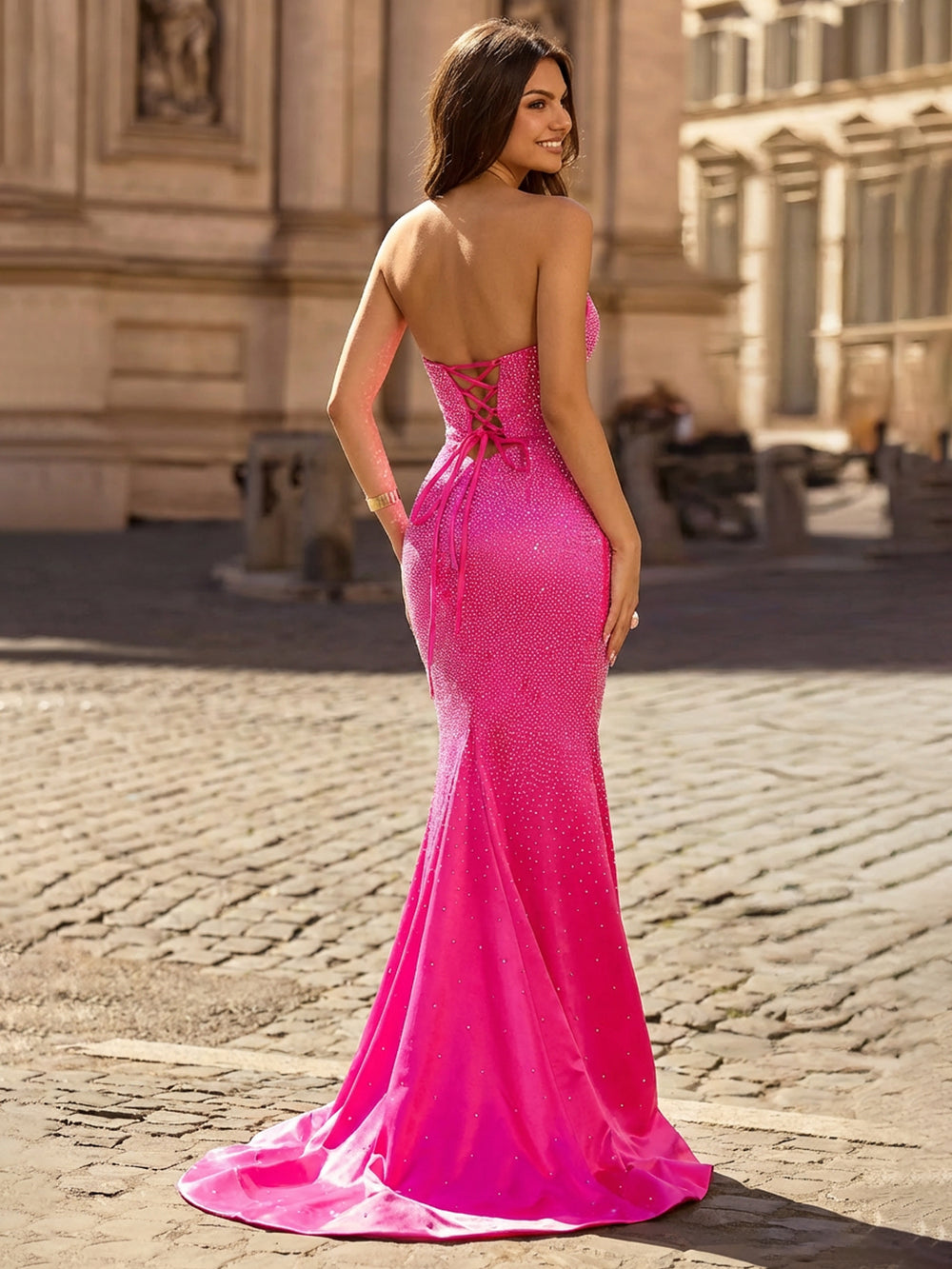 Sheath/Column Grown Prom Dresses Strapless Sweetheart Sleeveless Floor-Length Spandex Rhinestones Dresses with Front Split