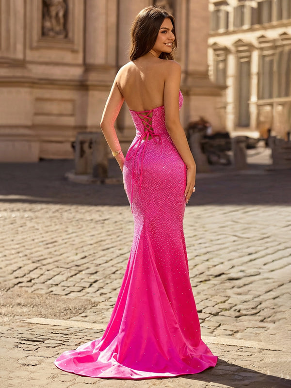 Sheath/Column Grown Prom Dresses Strapless Sweetheart Sleeveless Floor-Length Spandex Rhinestones Dresses with Front Split