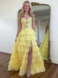 A-Line/Princess Yellow Prom Dresses Strapless Sleeveless Layered Floor-length With Split Side Train Rhinestones Formal Prom Dresses