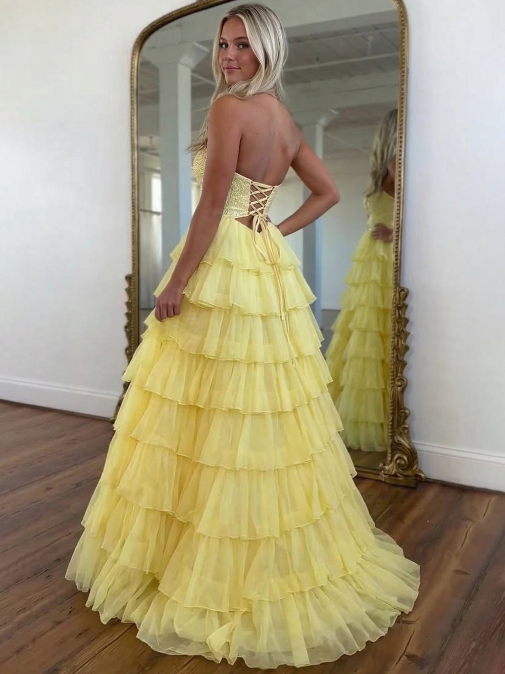 A-Line/Princess Yellow Prom Dresses Strapless Sleeveless Layered Floor-length With Split Side Train Rhinestones Formal Prom Dresses