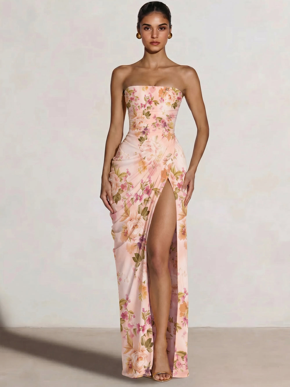 Mearmaid Prom Dresses Strapless Long Floral Dresses Floor-Length Side Split With Pleats&Back Lace-Up