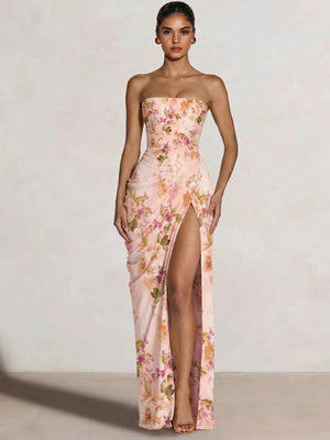 Mearmaid Prom Dresses Strapless Long Floral Dresses Floor-Length Side Split With Pleats&Back Lace-Up